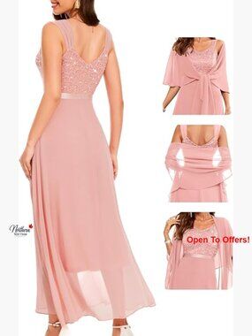 Sequin Formal Dress with Chiffon Shawl, V-Neck, Sleeveless, Maxi Length